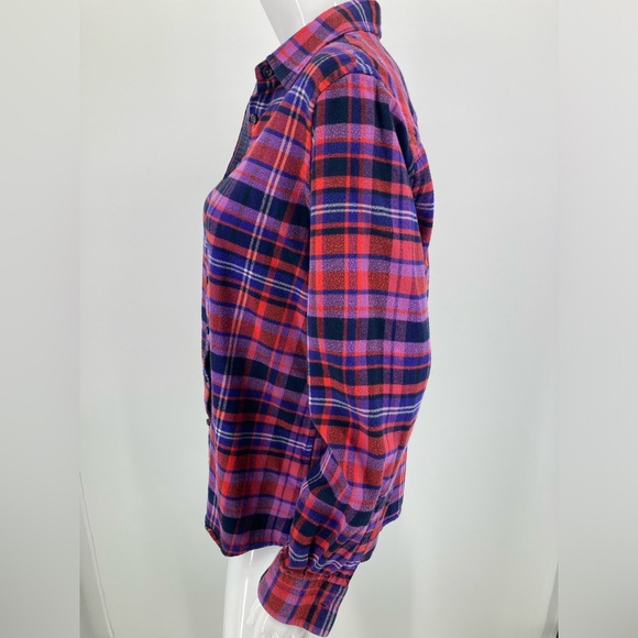 Lands End Red Purple Blue 100% Flannel Button Up Shirt Size M Gently Used - Picture 2 of 6